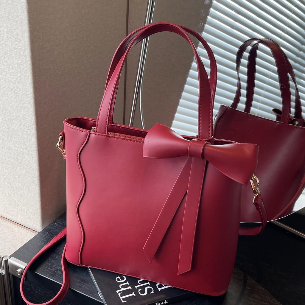Red Bow Bridal Wedding Bag Handheld Large Capacity Square Bag New Fashionable Versatile Crossbody Bag Commuter One Shoulder Bag