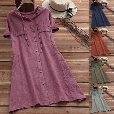 Модное женское платье из хлопка и льна с искусственным карманом и шнурком с капюшоном и короткими рукавами, однотонное платье на пуговицах