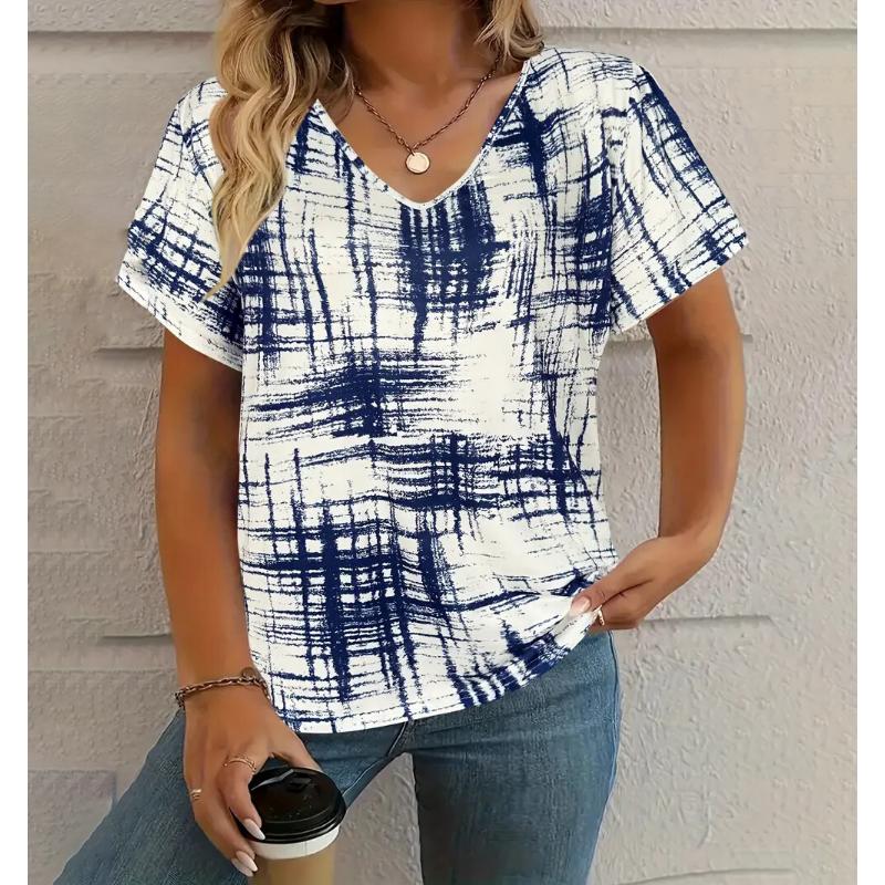 Летняя винтажная женская футболка, повседневная клетчатая принтованная одежда, топ с V-образным вырезом и коротким рукавом, модные уличные футболки
