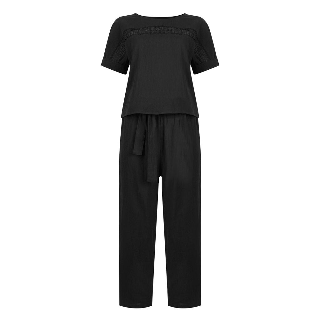 Модный и сексуальный женский весенне-летний льняной костюм в стиле ретро с эластичным поясом на талии, модный однотонный повседневный комплект из двух предметов