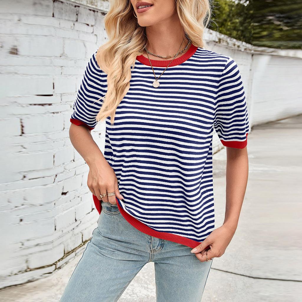 Женская мода весна-лето повседневный полосатый подходящие цвета круглый вырез трикотажный короткий рукав джемпер топ