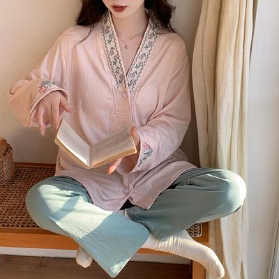 Пижама весна-осень 2025 года с нагрудными вкладышами, женская бамбуковая вышивка, кардиган, пижамный комплект, простой темперамент, комплект из двух предметов одежды для сна, домашняя одежда