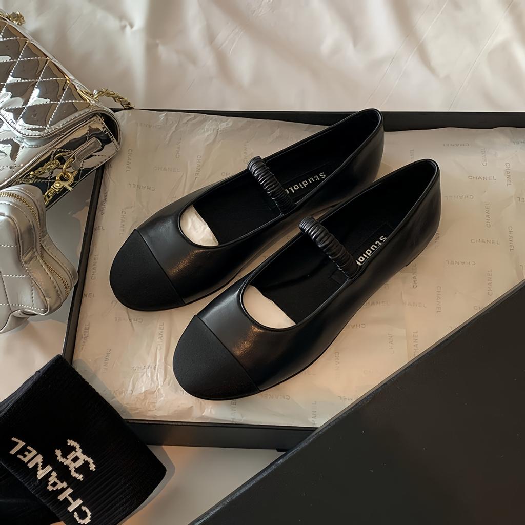 Cowhide Version of Grape Mother, the Same Color Matching Is Thin and Elastic, with Retro Leather Mary Jane Shoes Women's Flat Shoes