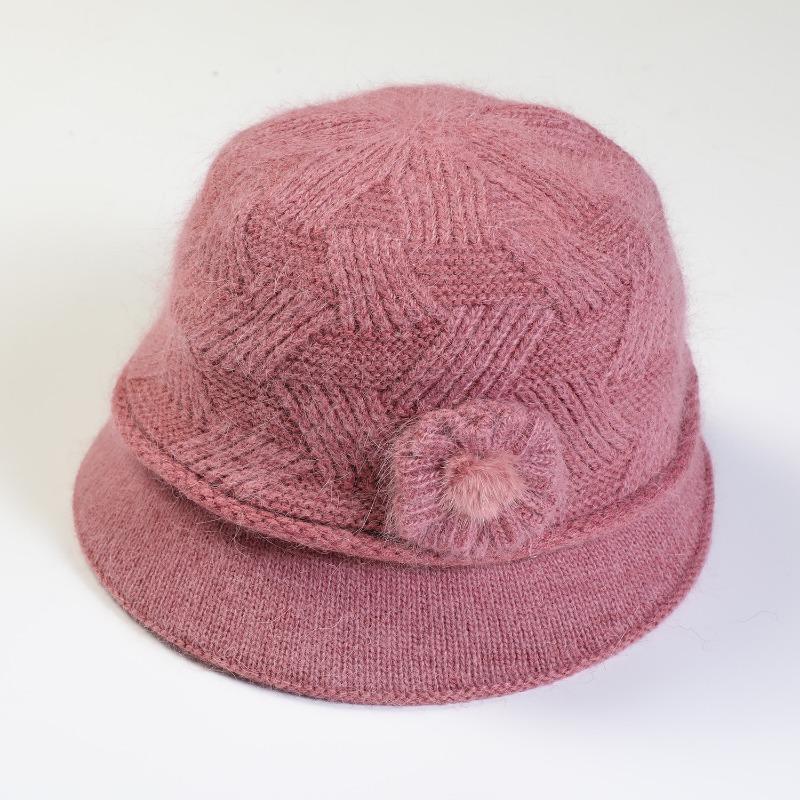 Knitted Hat Women's Autumn Winter Flower Fashion Mom Rabbit Wool Pot Hats & Caps with Thick Velvet Warmth Hat