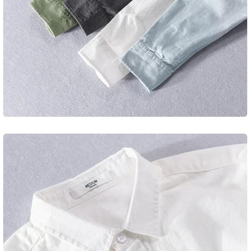 Весенне-летняя мужская рубашка с длинным рукавом в корейском стиле, молодежная повседневная рубашка из чистого хлопка для мужчин, однотонная рубашка с воротником-лацканами, пуговицами и карманом