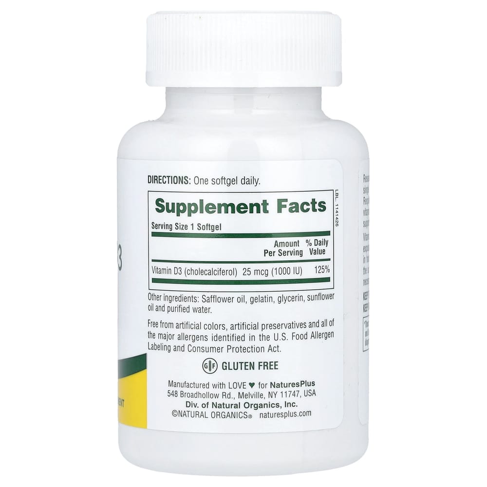 Nature's Plus Витамин D3 25 мкг (1000 МЕ) Гелевые капсулы, 180 шт.