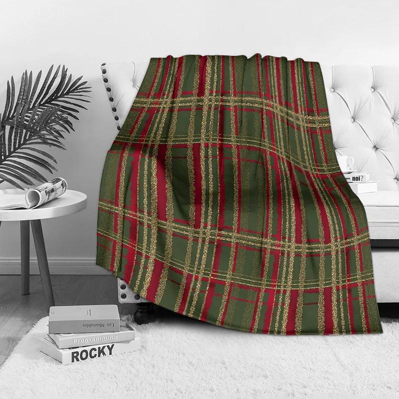 Burgundy Green Plaid Fleece Blanket, Gold Thread Accents in Classic Checkered Pattern, Cozy Reading Nook Throw for Sofa