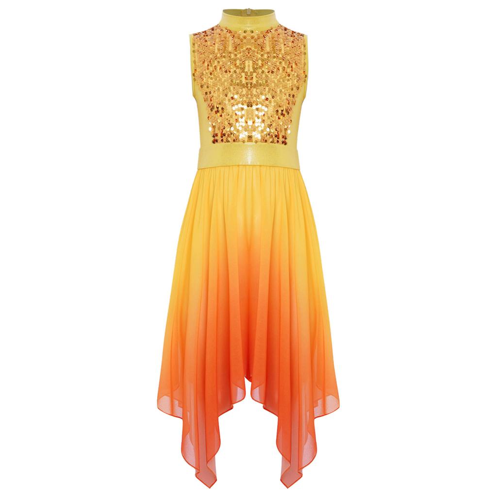 Girls Worship Dance Dress Mock Neck Sleeveless Asymmetrical Hem Shiny Sequins Bodice Liturgical Costume