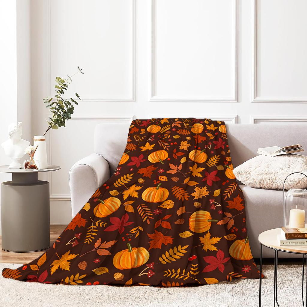 Fall Thanksgiving Throw Blanket Maple Leaf Pumpkin Flannel Print Blanket Super Soft Cozy Nap Blanket Perfect Home Gift for Her