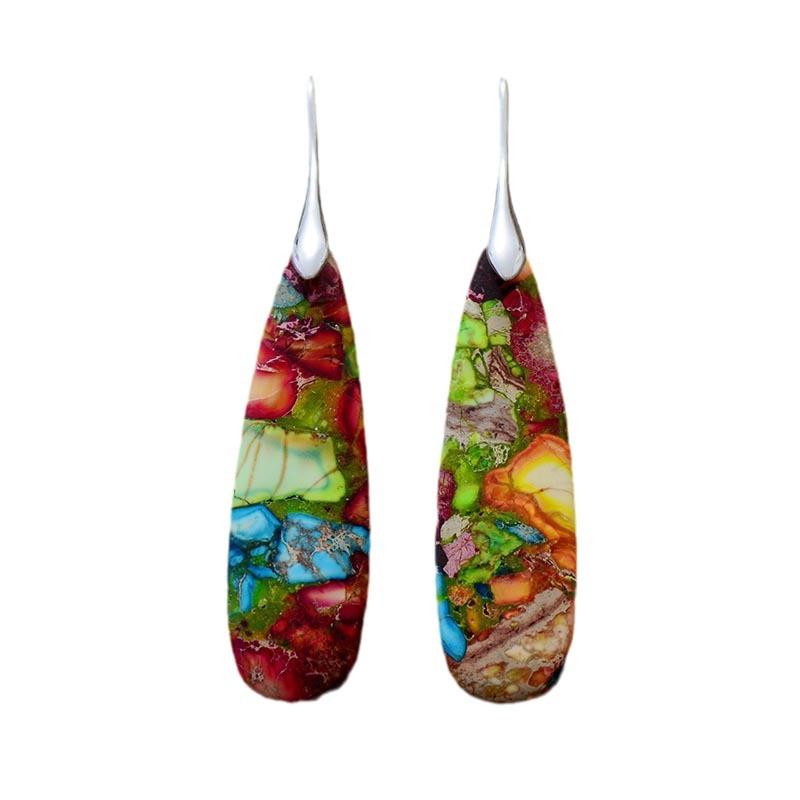 BLINGBAY Women's Bohemian Vintage Natural Stone Drop Earrings Colorful Resin Inlay Long Dangle Earrings Ethnic Jewelry Gift