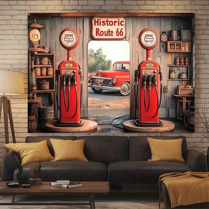 Retro Route 66 Tapestry Wall Hanging Vintage Gas Station Car Theme Banner Weather-Resistant Party Backdrop Nostalgic Home Decor