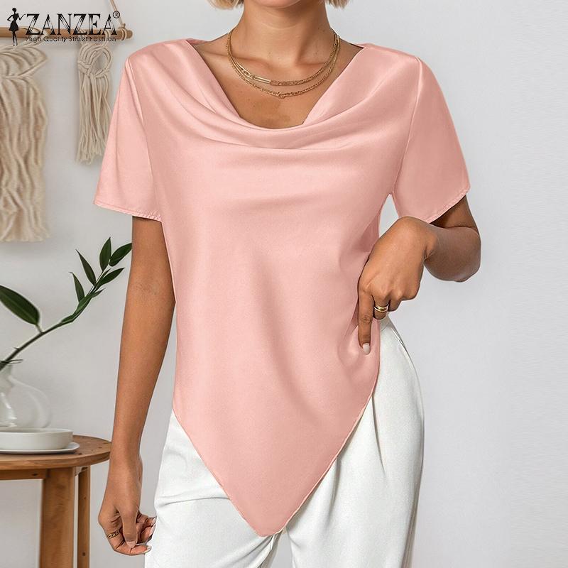 ZANZEA Women Elegant Cowl Neck Short Sleeve Irregular Hem Blouse