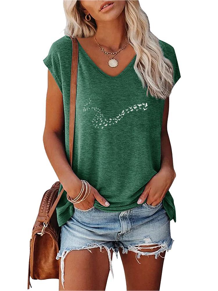 Women Fashion T-shirt Summer V Collar Print Short Sleeve Top Ladies Casual Tee Shirt