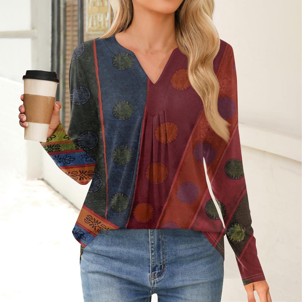 Women's Fashion Casual Long Sleeve Shirt Geometry Printed V Neck Up Tops