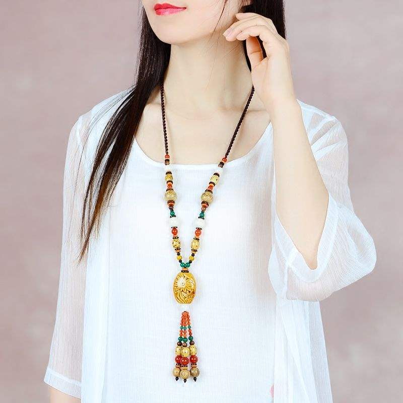 GemChic женские новые этнические керамические деревянные бусины кисточка кулон ожерелье винтажная длинная цепочка мода день рождения рождественский подарок ювелирные изделия