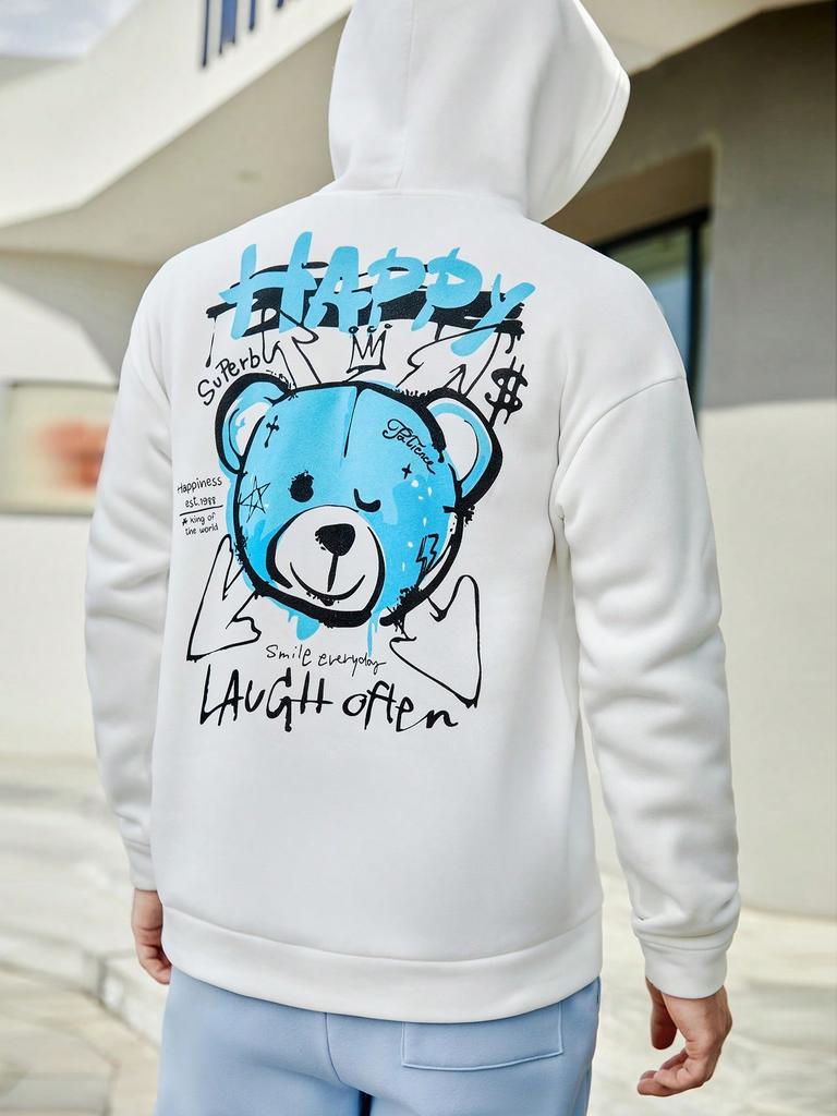 Blue Happy Bear Slogan Hoodies For Male Creative Casual Hoody Sport Cartoons Sweatshirts Pocket  All-Match Mens Pullovers