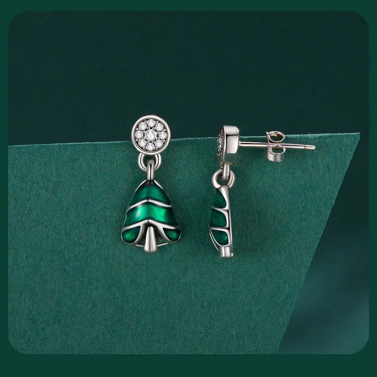 Yinziyun Christmas Tree Sterling Silver Stud Earrings for Women - Trendy Green Enamel Holiday Jewelry.