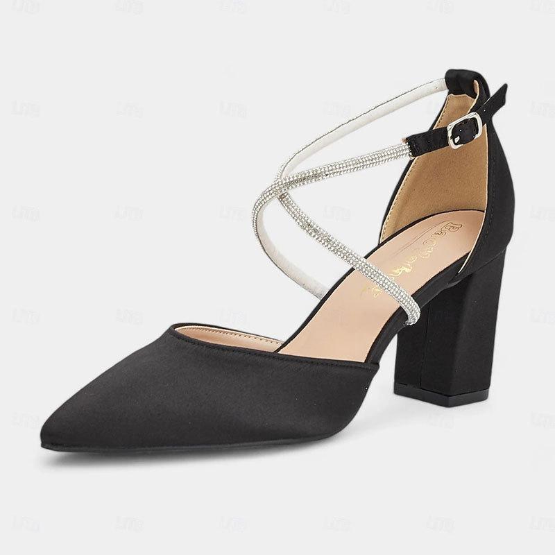 Coarse Heel High Heels Hollow Pointed Cross French Rhinestone Strap Solid Color Satin Heels Women's One-Word Strap Wide Large Size