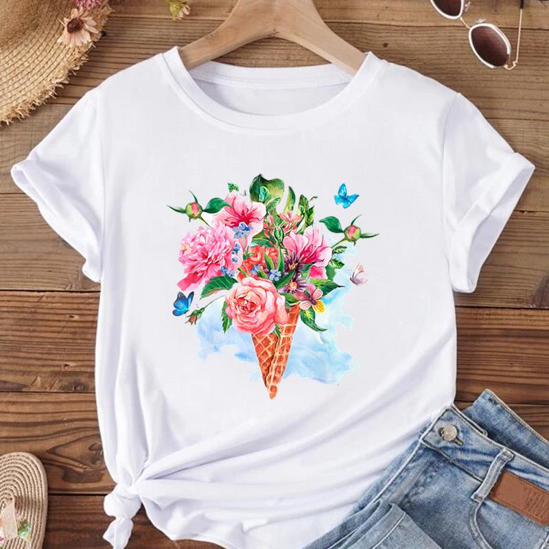 (Азиатский размер) Женская модная футболка с круглым вырезом, акварелью и сладким цветком, одежда, футболка с принтом, женские футболки с короткими рукавами и графикой