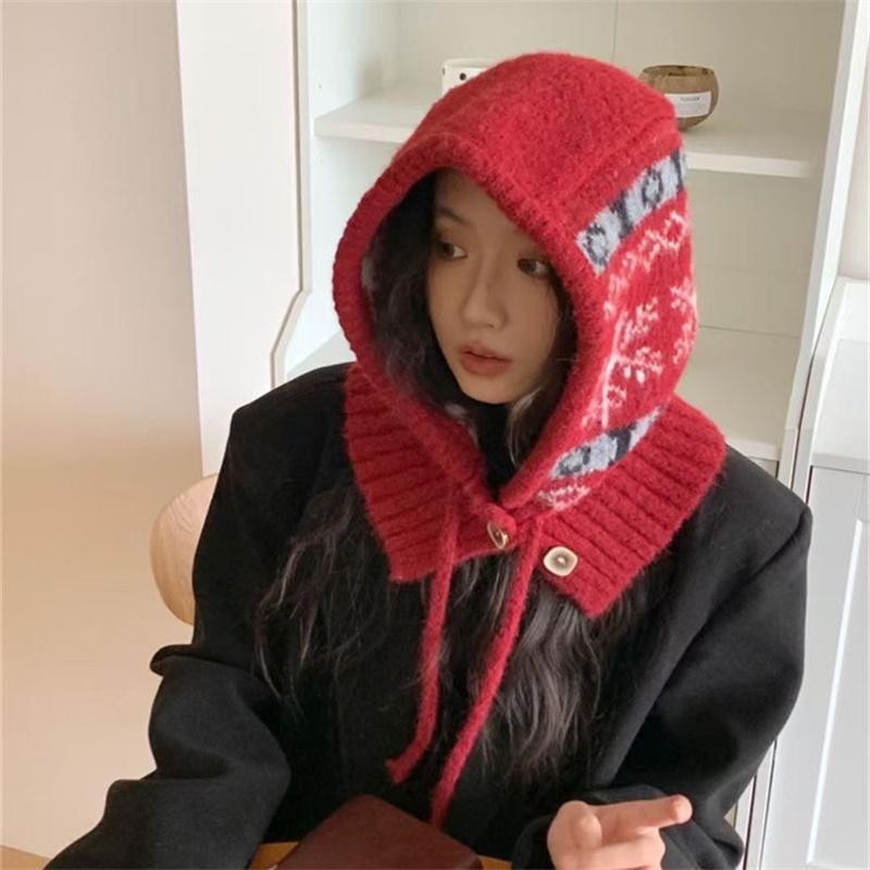 Балаклава женская зимняя теплая шапка шарф интегрированная защита ушей шерстяная вязаная шапка