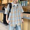 Vintage Check Pattern Shirt Men's Summer Short Plaid Shirt Boys Loose Large Size Trendy Brand Ruffian Handsome Youth Casual