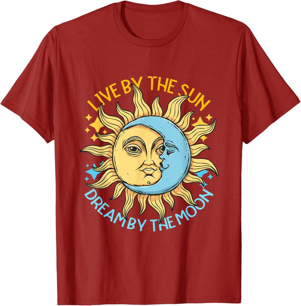 Sun Moon Celestial Graphic Tee Soft Cotton Casual T-Shirt Retro Astrology Style Trip Apparel