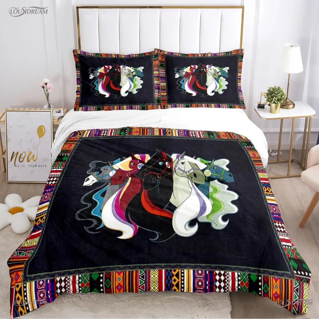 Fashion Ethnic Frame Horse Duvet Cover Comforter Bedding Set Soft Quilt Cover and Pillowcases for Teens Single/Double/Queen/King