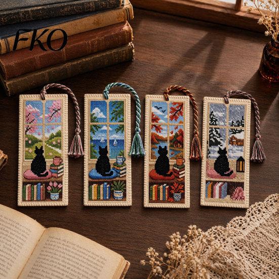 Закладка с деликатной вышивкой DIY Набор для вышивания для взрослых и начинающих, Сезонный кот Ретро Ручной набор для вышивки, Подарки для влюбленных, Читателей Мастерство