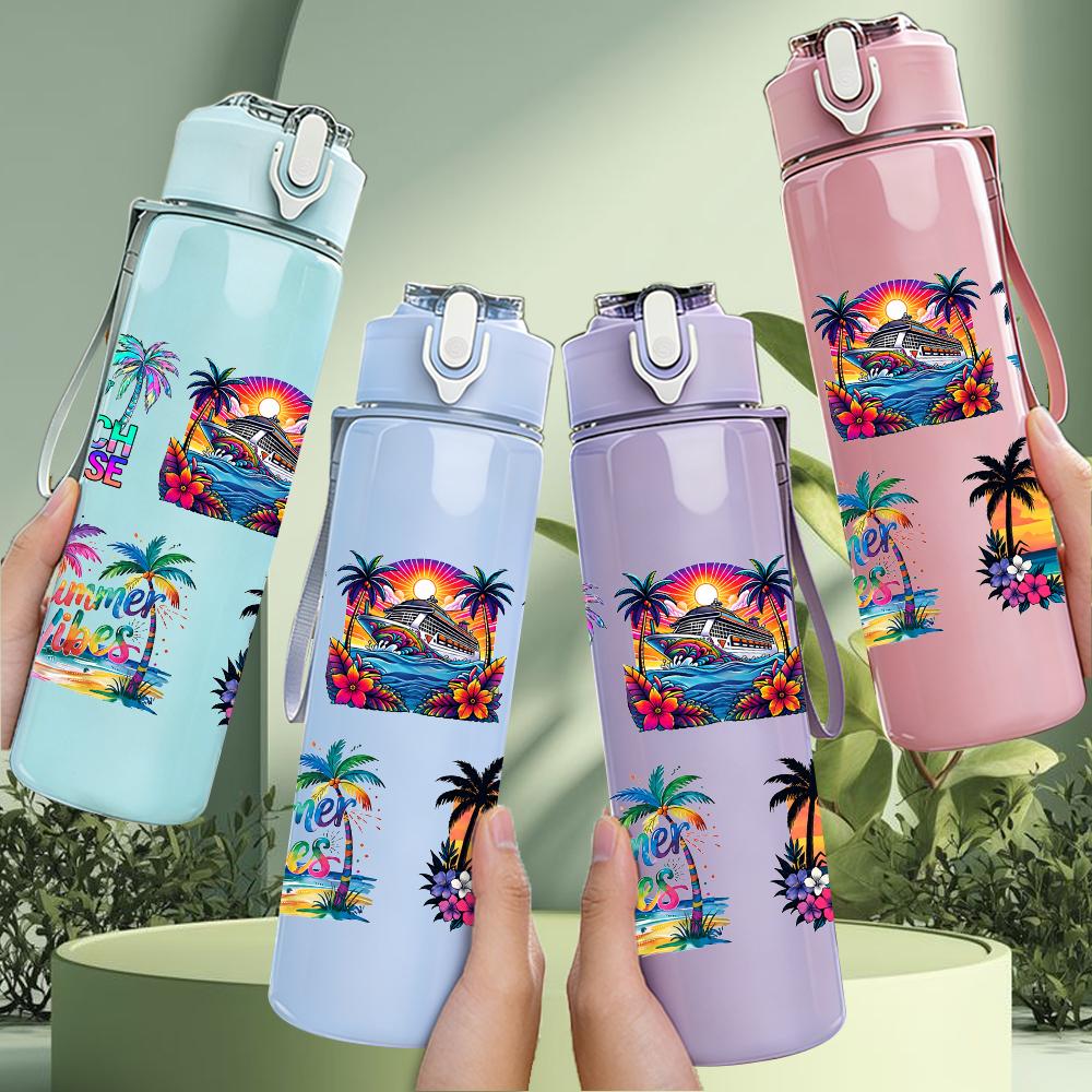 1PC Tropical Palm Island Graphic,750ml Color Plastic Sports Water Bottle,Leakproof Flip Straw Lid,Suitable for Sports Office Home Use