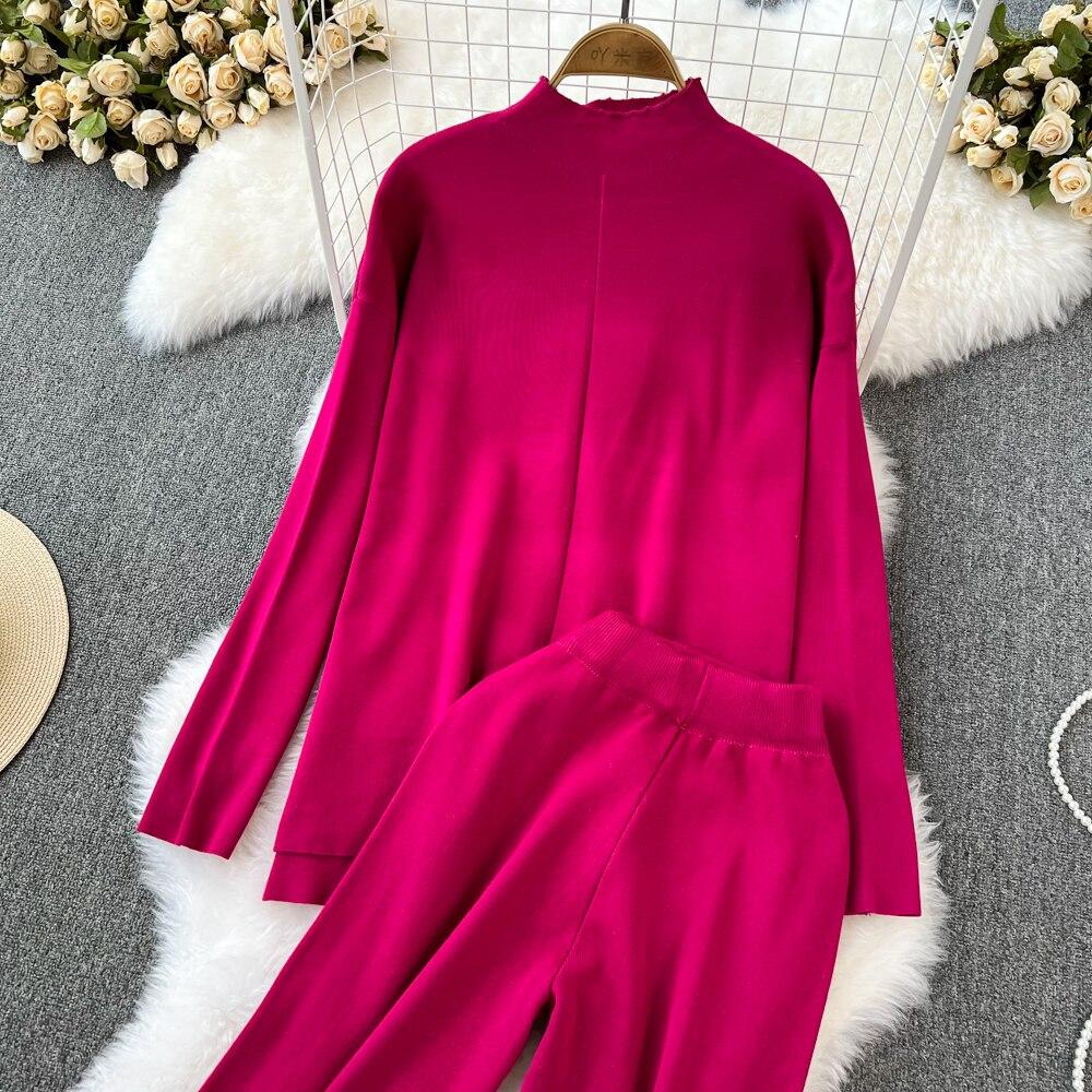 Fashion Collar Loose Long-sleeved Irregular Knit Tops High Waist Thin Straight Pants Two-piece Set