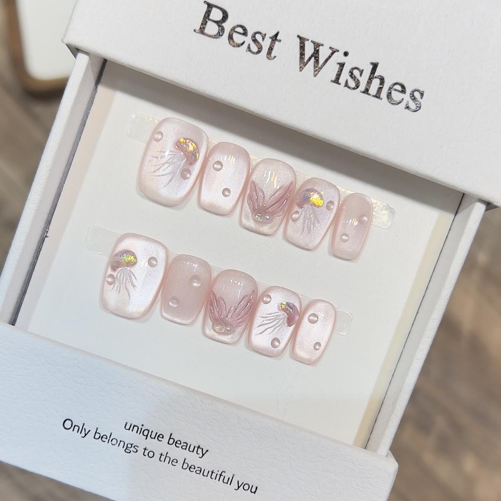 Fresh and Fresh Wear Armor Handmade Cute Naked Pink Cat Eye Jellyfish Fish Tail Manicure Removable Nails