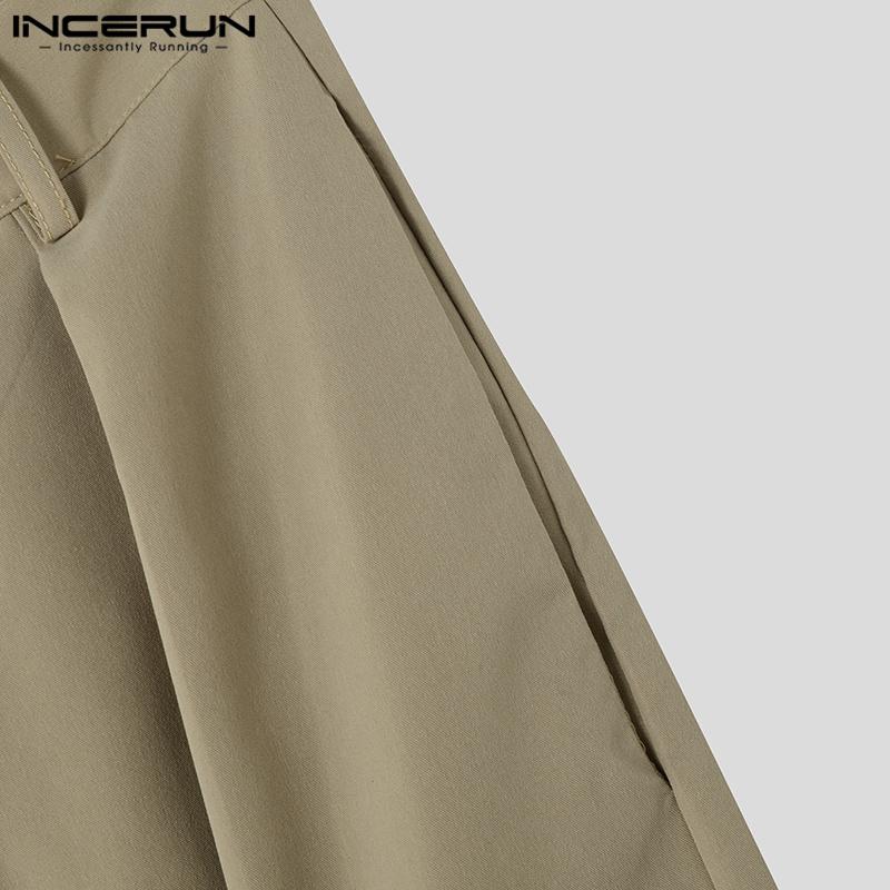 INCERUN Весенние мужские брюки на молнии с высокой талией, однотонные, широкие, длинные брюки