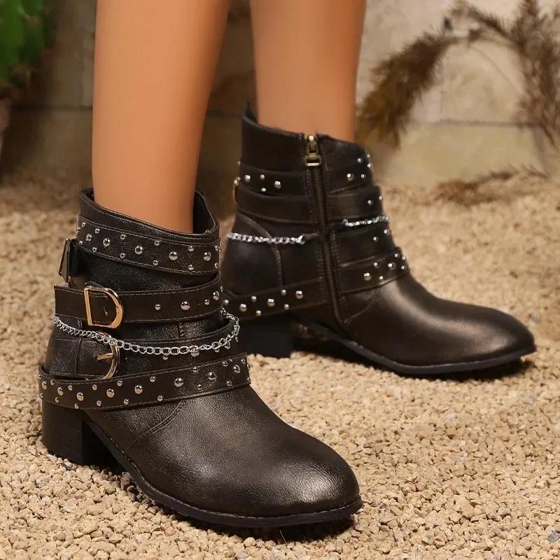 Женская обувь Ботинки женские с боковой молнией Большие размеры Современные ботинки Женские новые ботильоны с пряжкой на ремне