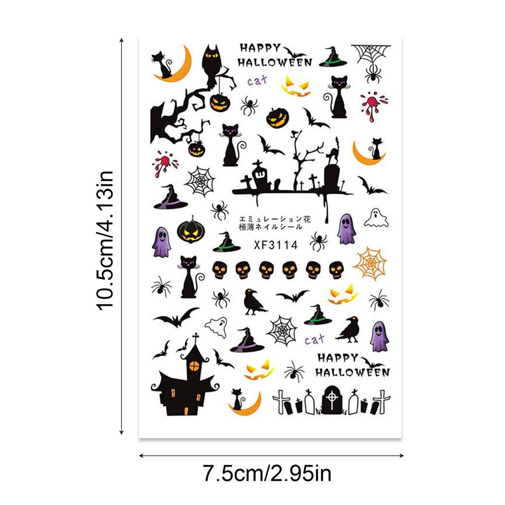 12Pcs Halloween Manicure Stickers Skull Pumpkin Nail Art Stickers Spooky Decals for Women DIY Manicure Halloween Party Props