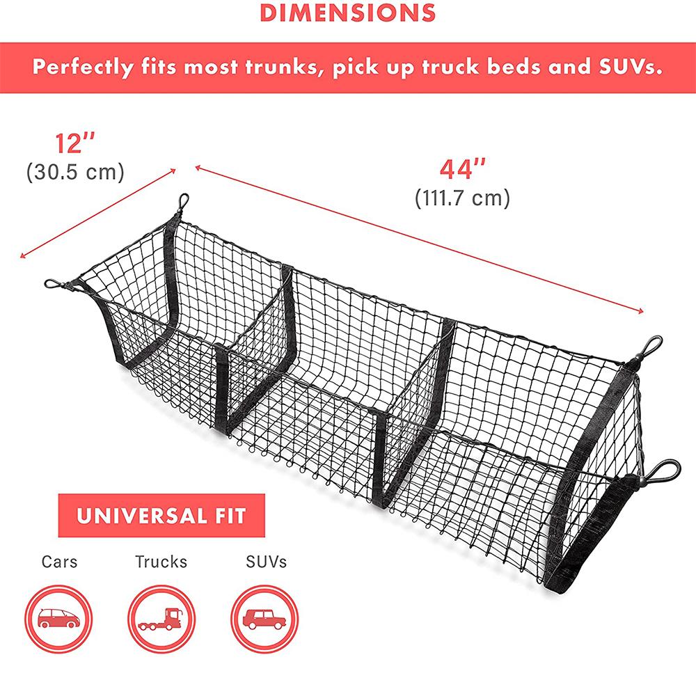 Three Pocket Cargo Net Mesh Storage Cargo Trunk Organizer Car SUV Pickup Truck Bed Black Net Auto Storage Organizer Trunk Net