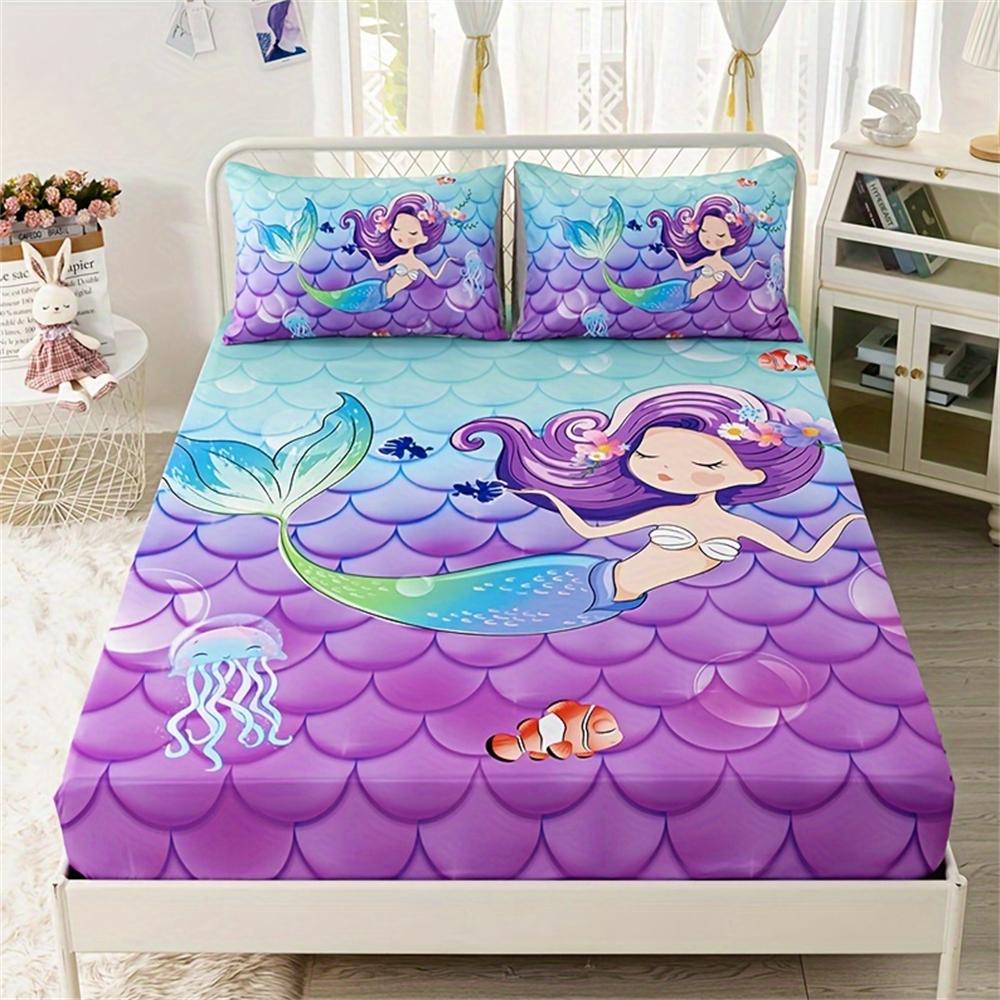 3 шт. Милая простыня на резинке с принтом русалки и океана, мягкий удобный постельный набор, для спальни, гостевой комнаты 1*простыня на резинке+2*наволочки