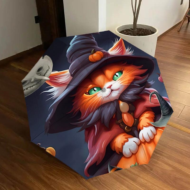 1PC Halloween Cat Automatic 8-Bone Folding Umbrella - Durable Polyester & Iron Frame,Userfriendly Operation y250929113