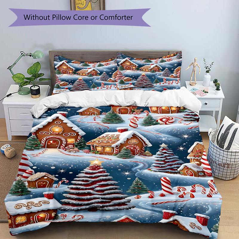 3Pcs Gingerbread Village Winter Night Bedding Set Quilt Cover Pillowcase Home Christmas Xmas Halloween Gift 1 Duvet Cover 2 Pillowcase S92127