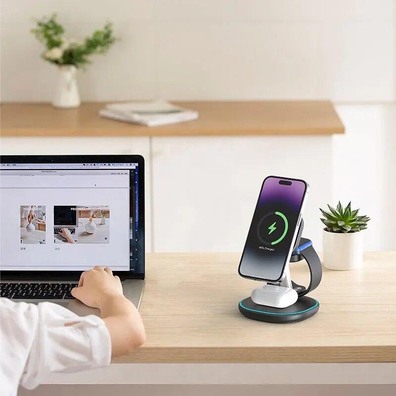 Магнитная подставка для беспроводного зарядного устройства 3 в 1, 15 Вт, док-станция для быстрой зарядки для iPhone 14, 13, 12 Pro Max Mini IWatch 8, 7, 6 Airpods