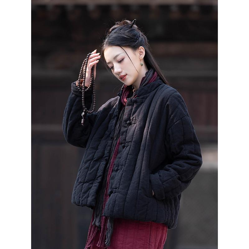 25 зимняя хлопково-льняная женская новая китайская ретро стеганая короткая хлопковая одежда женская дзен утолщенная льняная хлопковая одежда