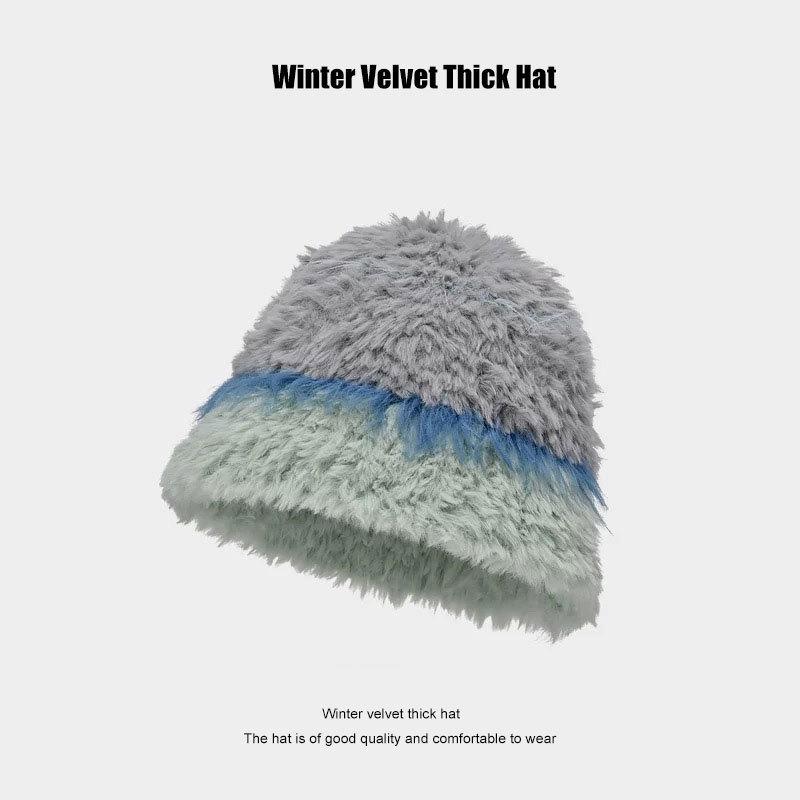 Plush striped hat female face small knitted hat warm cute ear protection wool hat shopping big head circumference