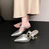 2025 Summer New Temperament Pointed Versatile Metal Buckle Thick Heel Versatile Simple Mature Bag Head High Heel Slippers