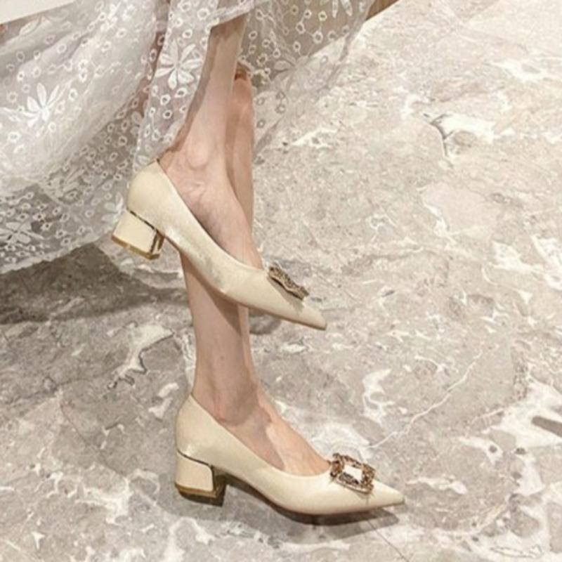 Fashion Chinese Block Heel High Heels Women's New Pointed Toe Shallow Mouth Crystal Square Buckle Mid-heel Single Shoes