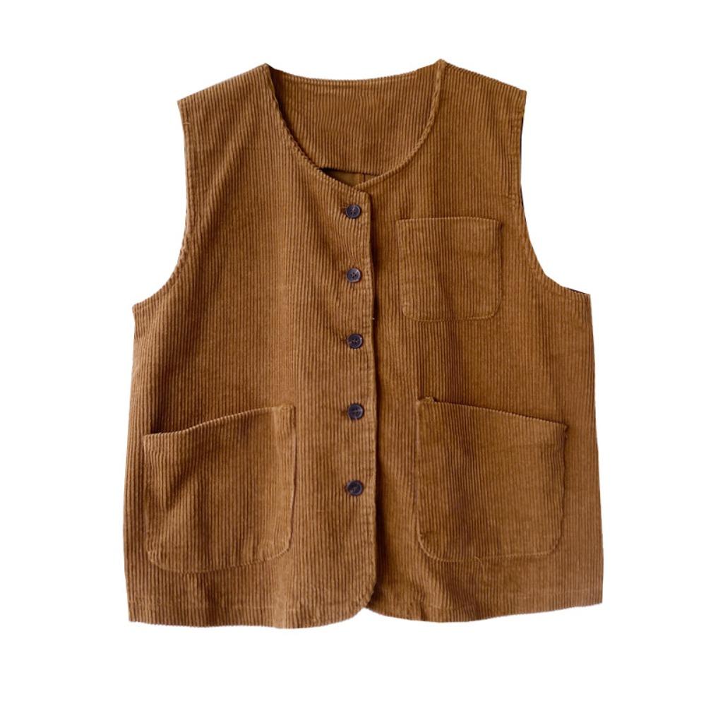 All Match Button-up Short Coats Round Neck Waistcoat Women Simple Vintage Corduroy Vests  Ladies