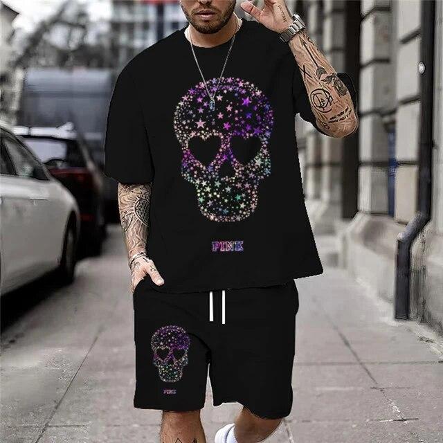 Летняя мужская футболка с принтом черепа, комплект уличной одежды на тему Хэллоуина, свободные дышащие футболки большого размера Y2K, шорты с короткими рукавами и шорты