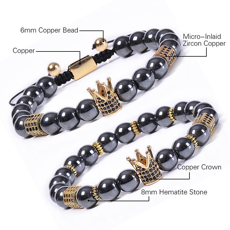 European and American jewelry, magnetic black magnet crown bracelet, copper micro inlaid zircon, natural stone bracelet, woven, adjustable