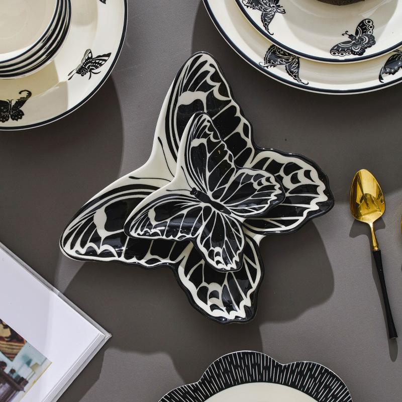 Ins Butterfly Dish Tableware Ceramic Rice Bowl High Popular Level Plate Bowl Full Set of Household Bowl Set Butterfly Bowl Plate