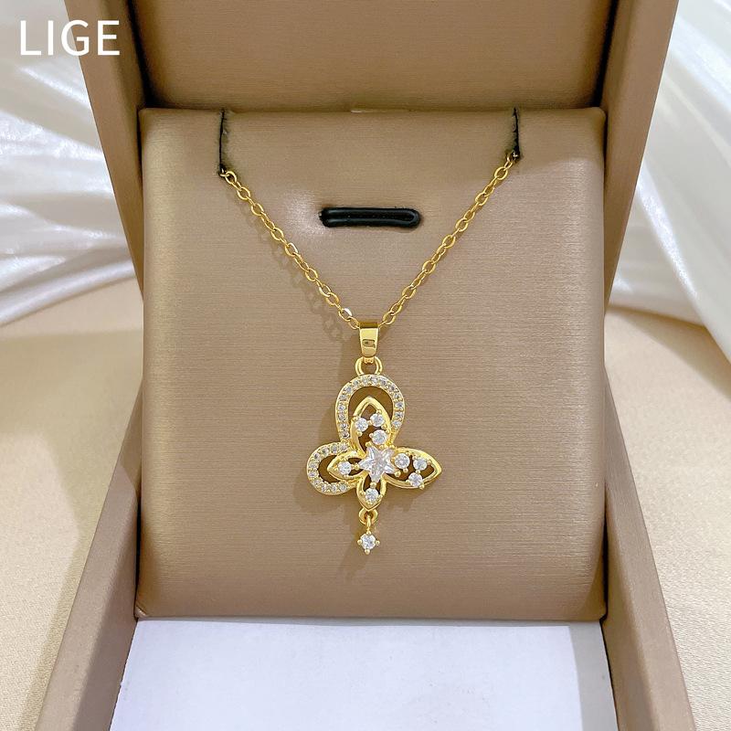 Empty Double-Layer Butterfly Full Diamond Light Luxury Temperament Gorgeous Full Diamond Necklace Female Versatile Collarbone Chain Titanium Steel