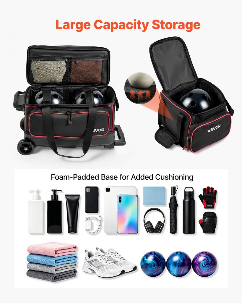 VEVOR 3 Ball Bowling Bag Double Roller Bag with Separate Shoe Compartment, for Bowling Shoes (Up To US Men Size 16), Rolling Ball Bag w/ Wheel