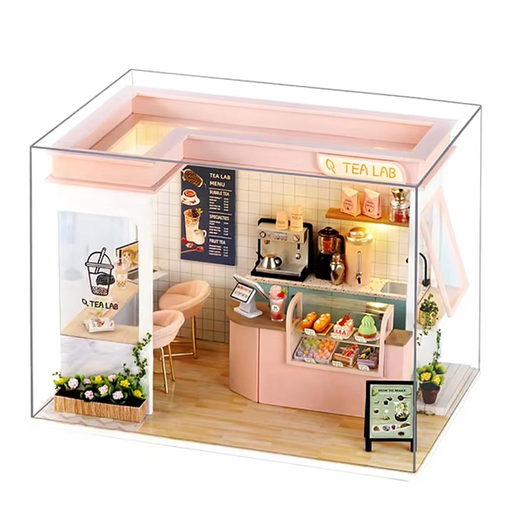 TOMMYFIELD Miniature Food Shop Wooden Dollhouse DIY Handmade Kit Cafe (Pink)